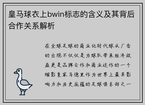 皇马球衣上bwin标志的含义及其背后合作关系解析